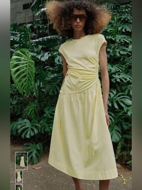 Zara Light Yellow Gathered Waist Midi Dress